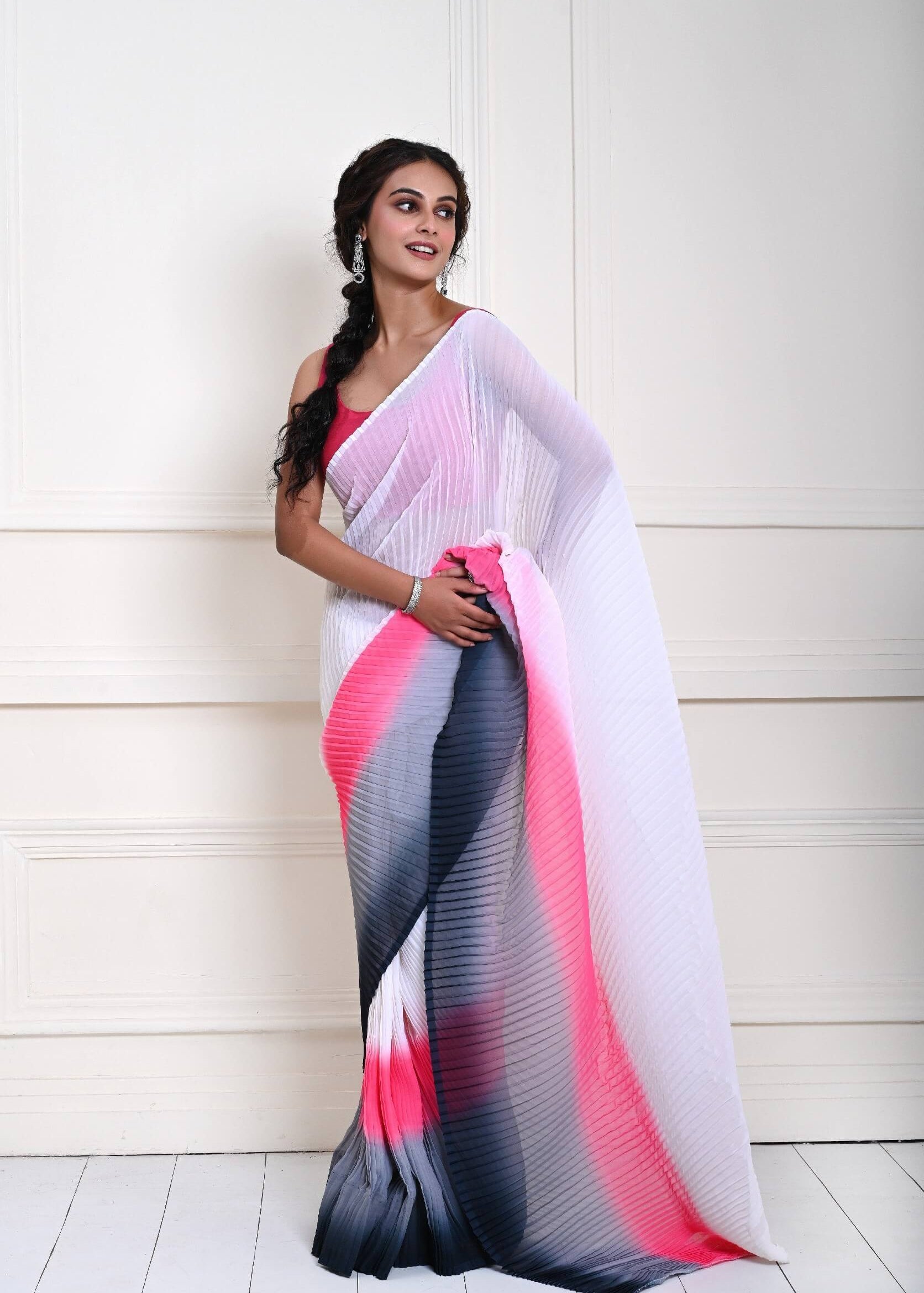 White and Pink Chiffon saree