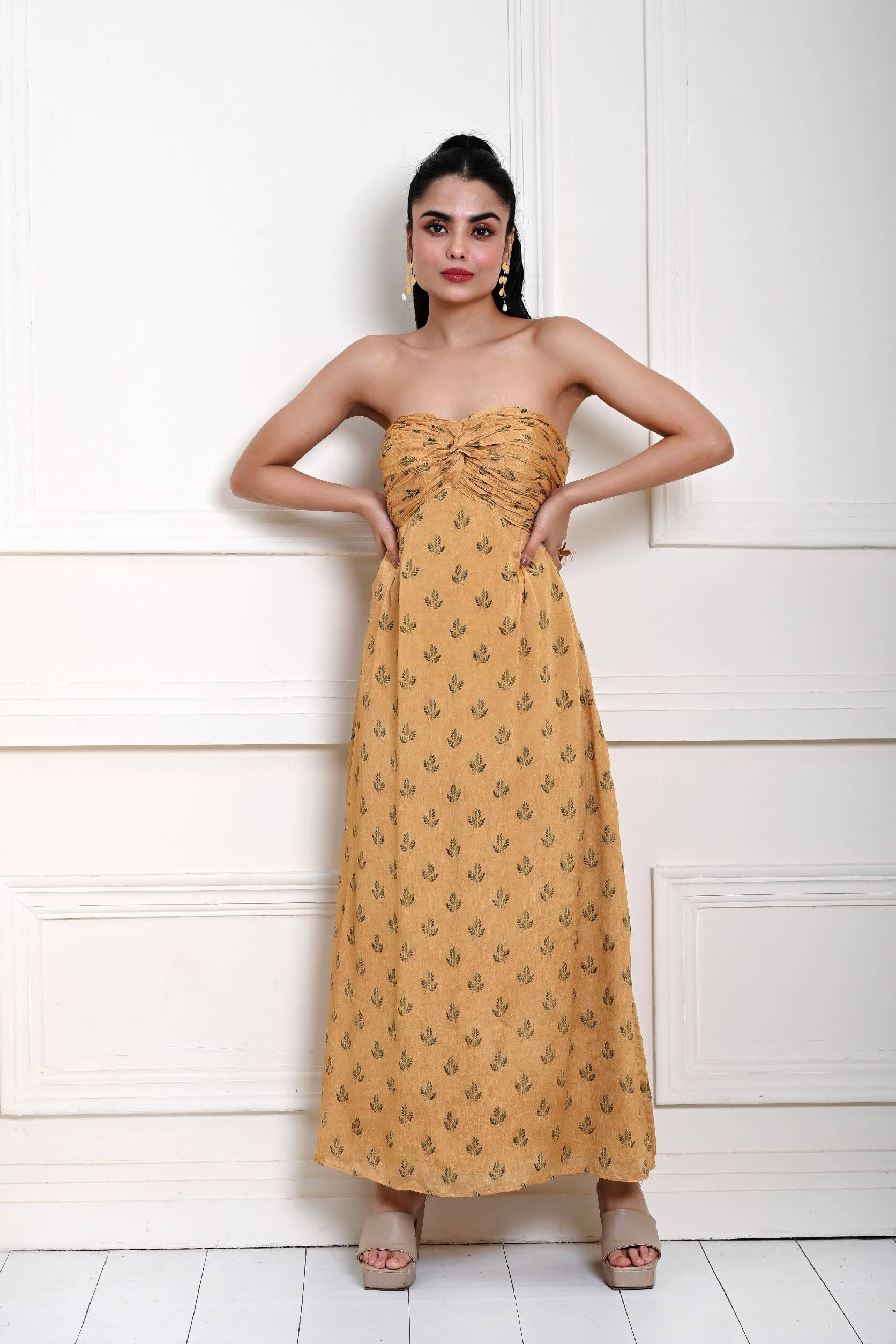 Yellow Strapless Maxi Dress For Women - Anvi Couture