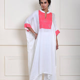 Lightweight white embroidered kaftan kurti set in georgette, designed for stylish festive looks
