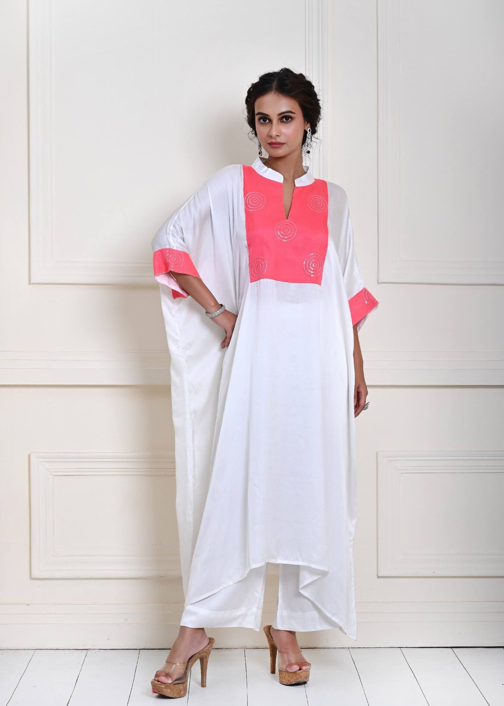 Lightweight white embroidered kaftan kurti set in georgette, designed for stylish festive looks