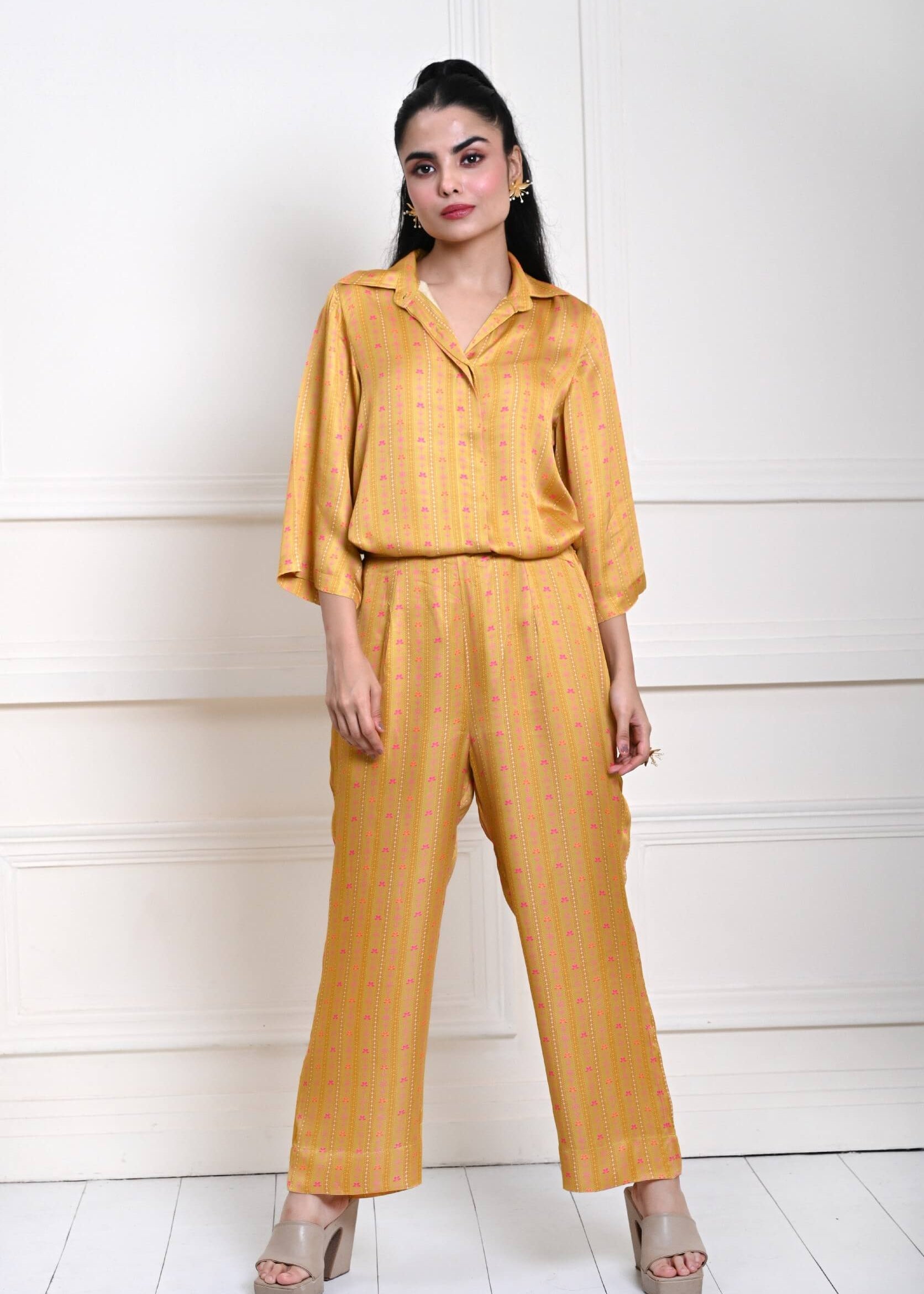 Yellow Printed Co - ord Set in Satin Silk - Anvi Couture