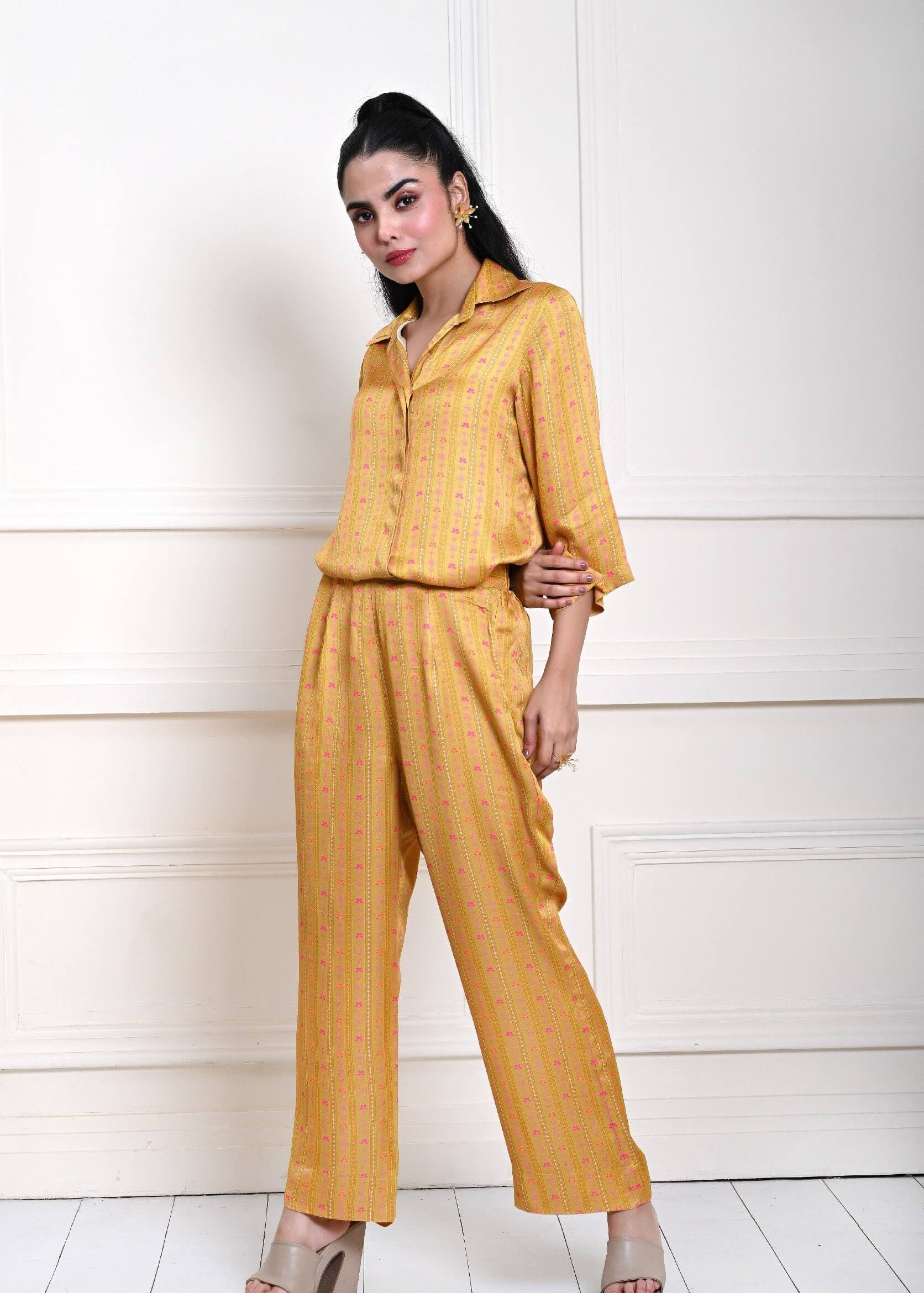 Yellow Printed Co - ord Set in Satin Silk - Anvi Couture