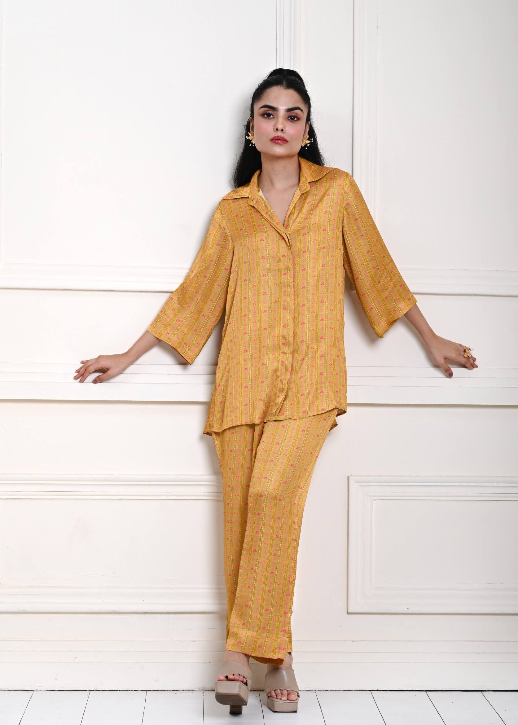 Yellow Printed Co - ord Set in Satin Silk - Anvi Couture