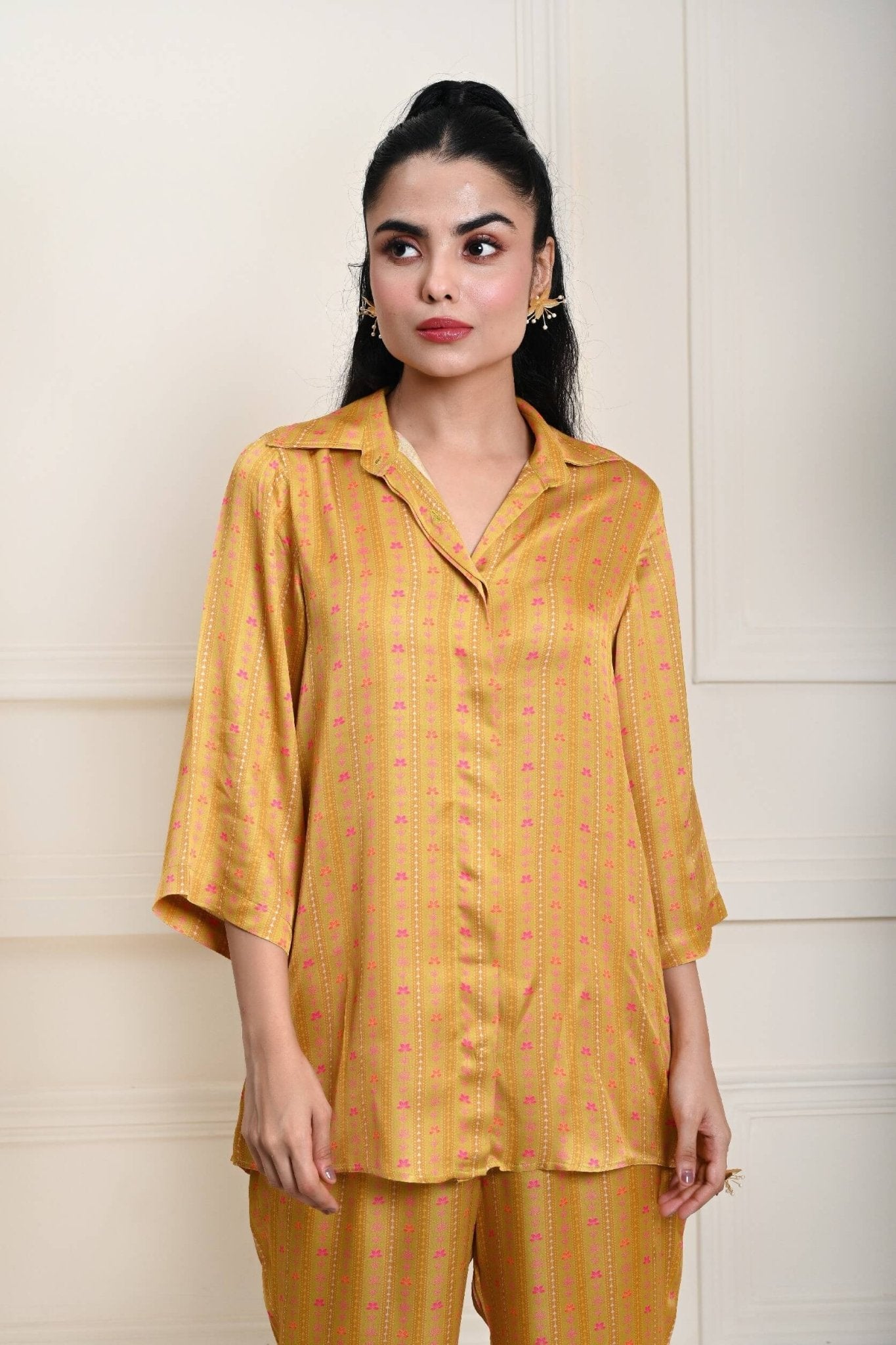 Yellow Printed Co - ord Set in Satin Silk - Anvi Couture