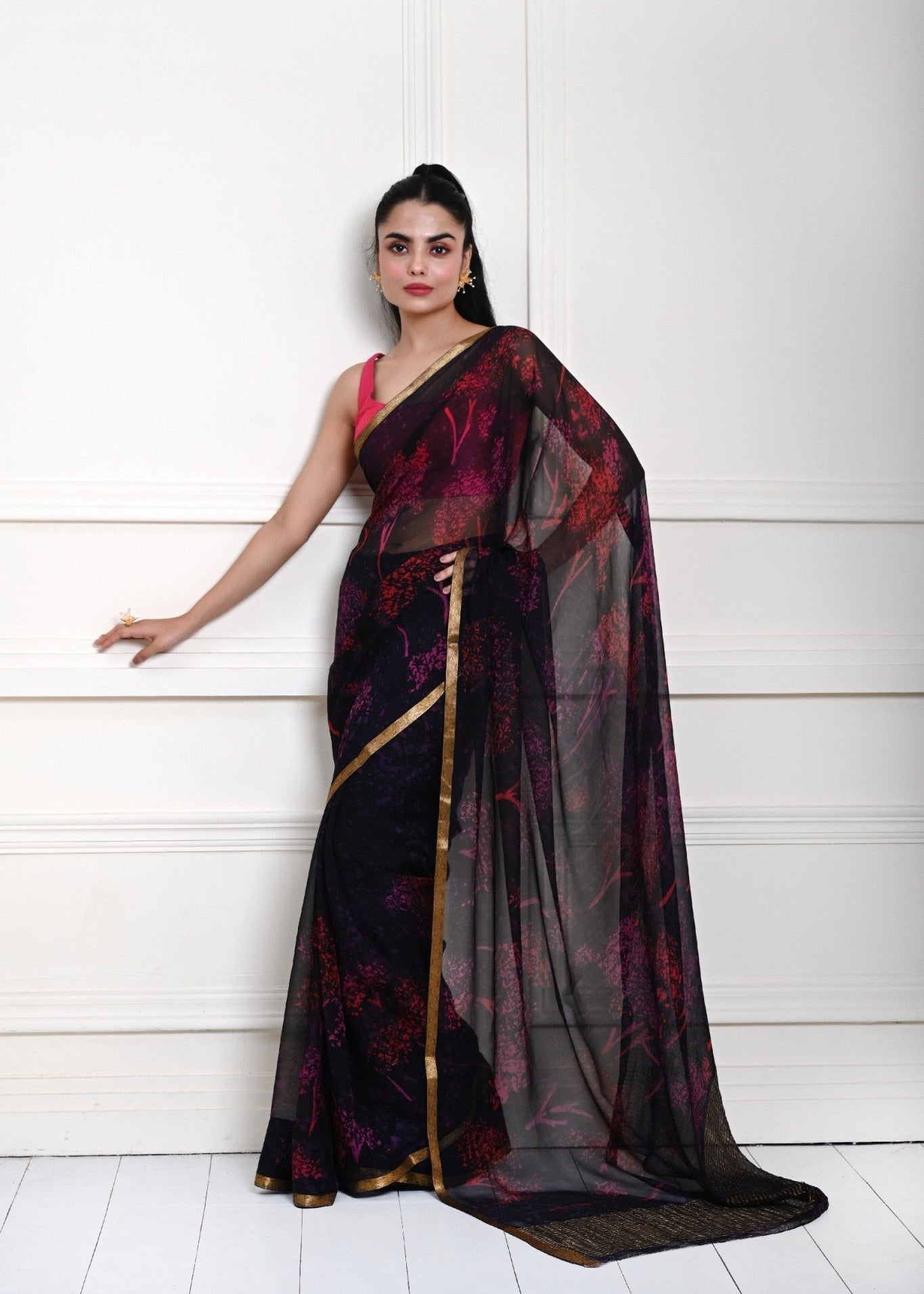 Dark Navy-Blue Printed Chiffon Saree - Image 1