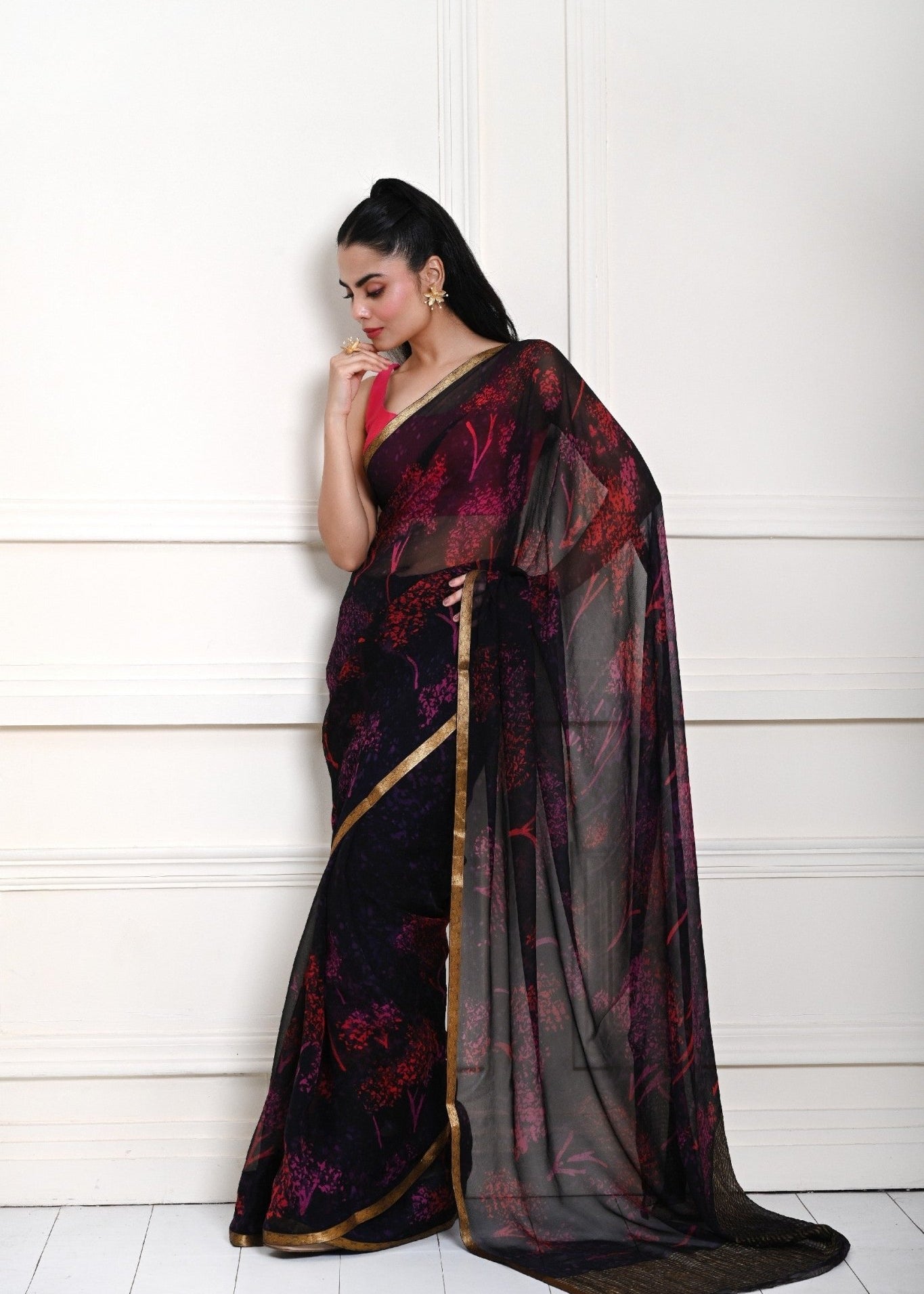 Dark Navy-Blue Printed Chiffon Saree - Image 2