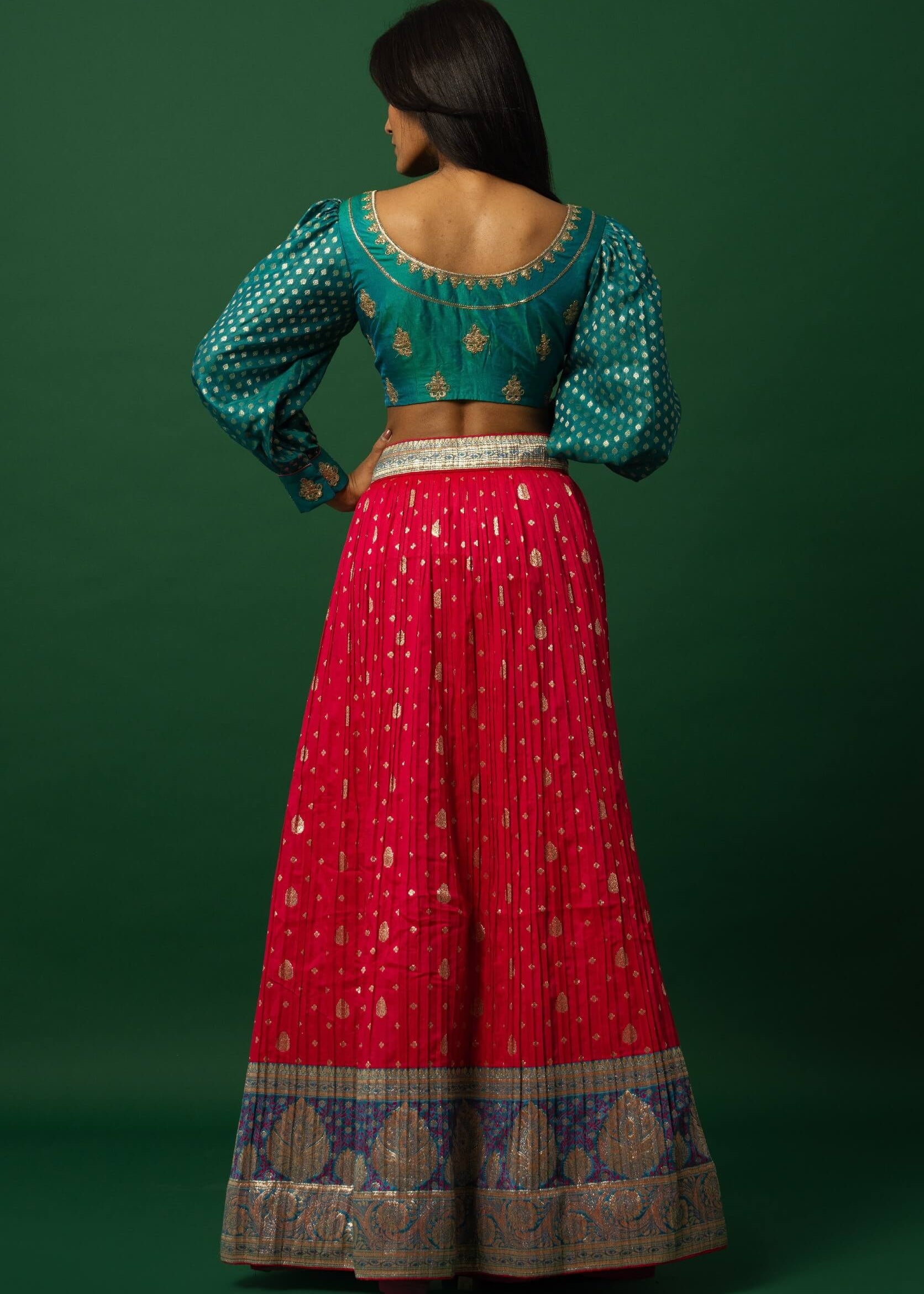Luxurious Jacquard Pink Banarasi Lehenga Set with Peacock Blue Embroidered Choli