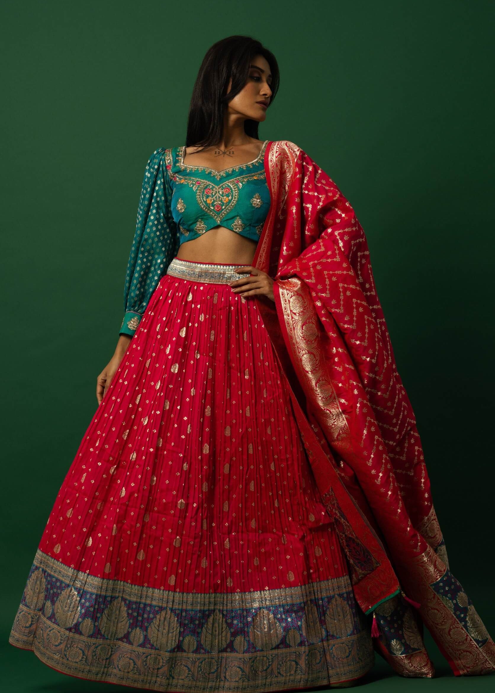 Green and Red Lehenga
