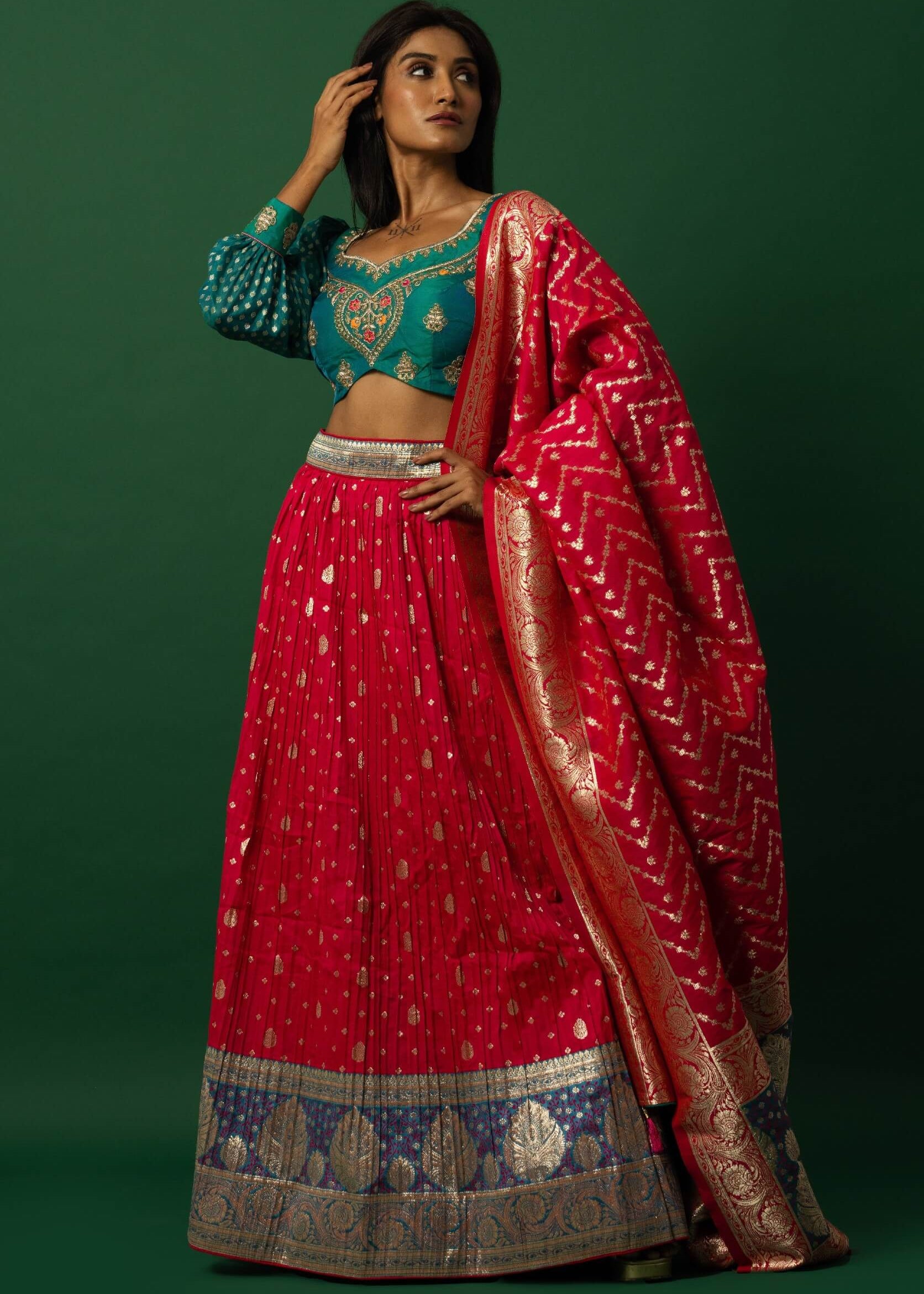 Latest Pink Banarasi Lehenga Set with Peacock Blue Choli - Indian Bridal Wear