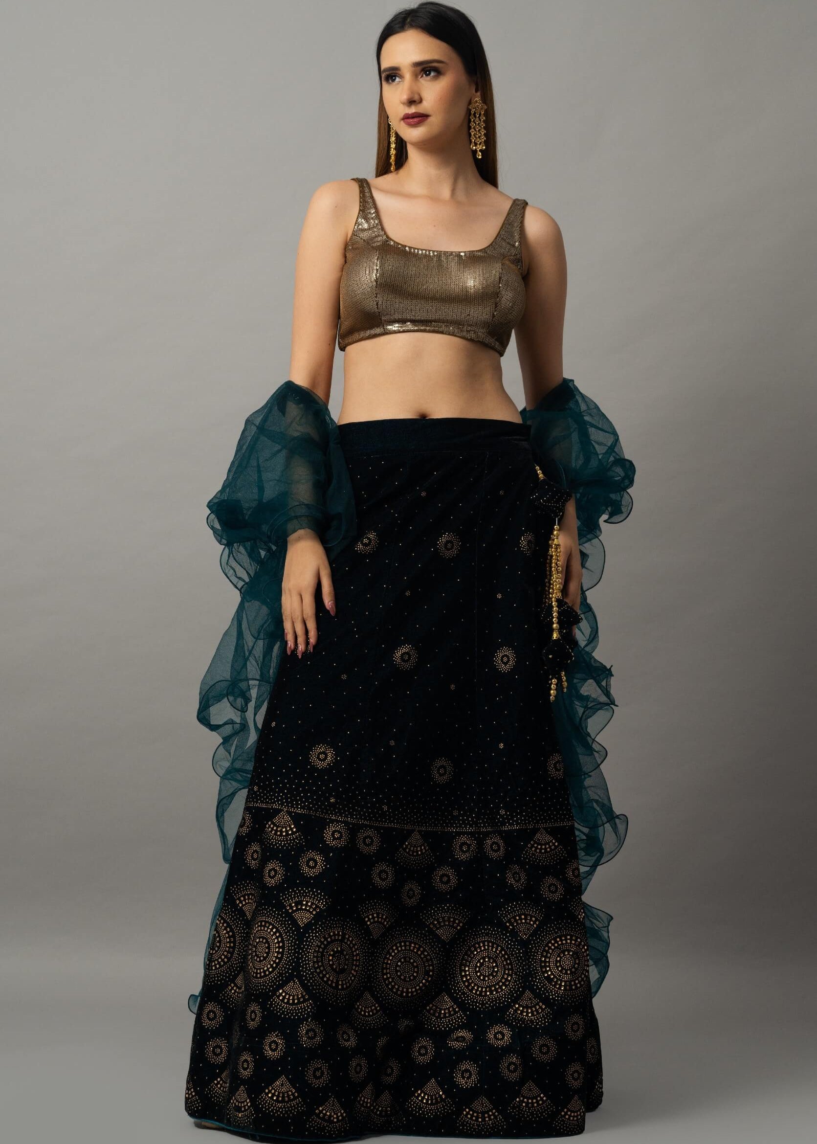 Navy Blue Velvet Lehenga Set with Gold Sequin Choli and Ruffle Dupatta - Anvi Couture