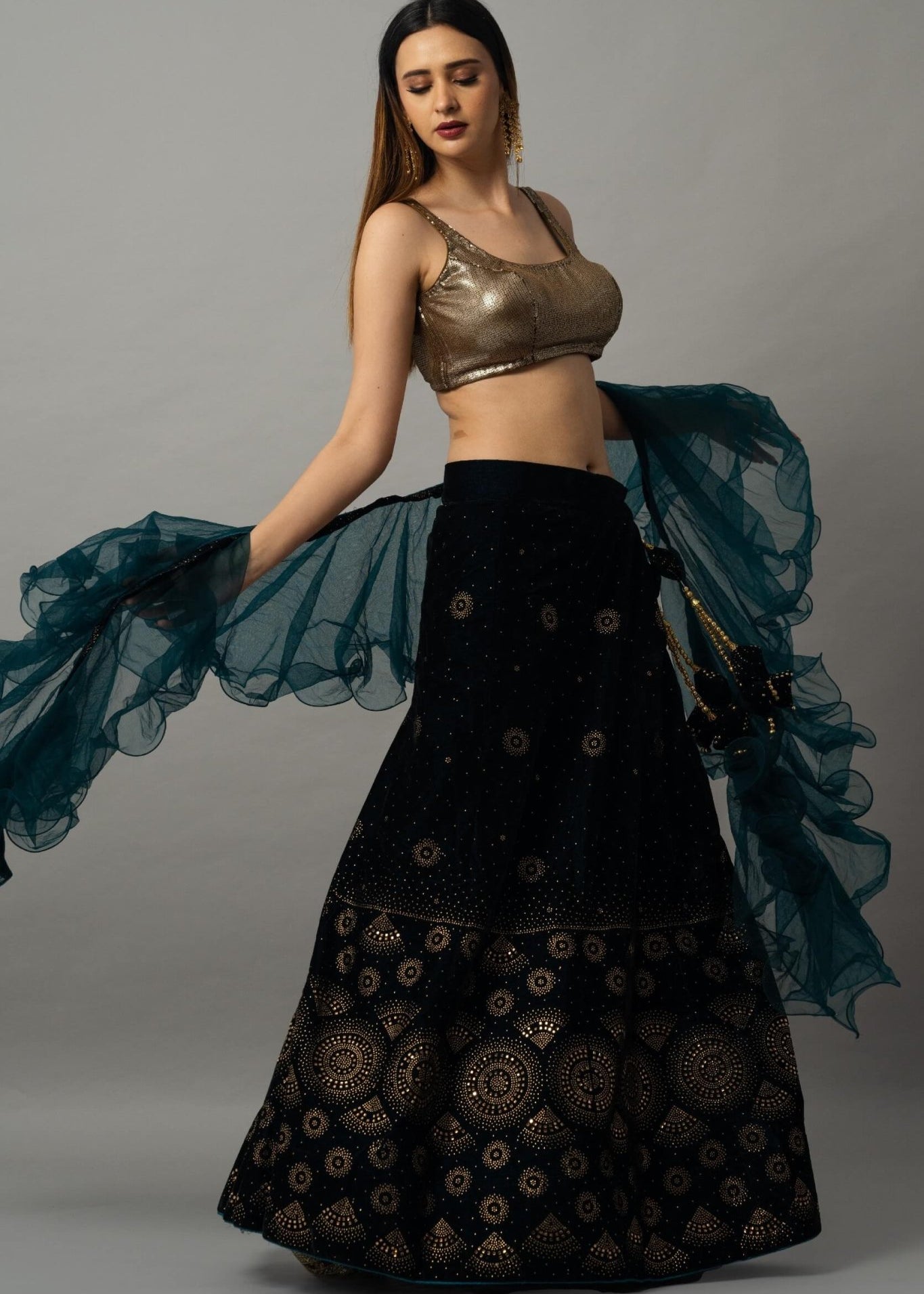 Navy Blue Velvet Lehenga Set with Gold Sequin Choli and Ruffle Dupatta - Anvi Couture
