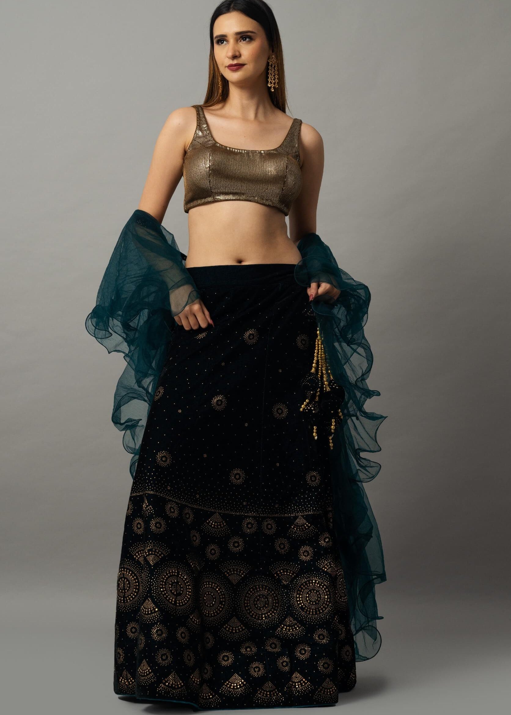 Navy Blue Velvet Lehenga Set with Gold Sequin Choli and Ruffle Dupatta - Anvi Couture