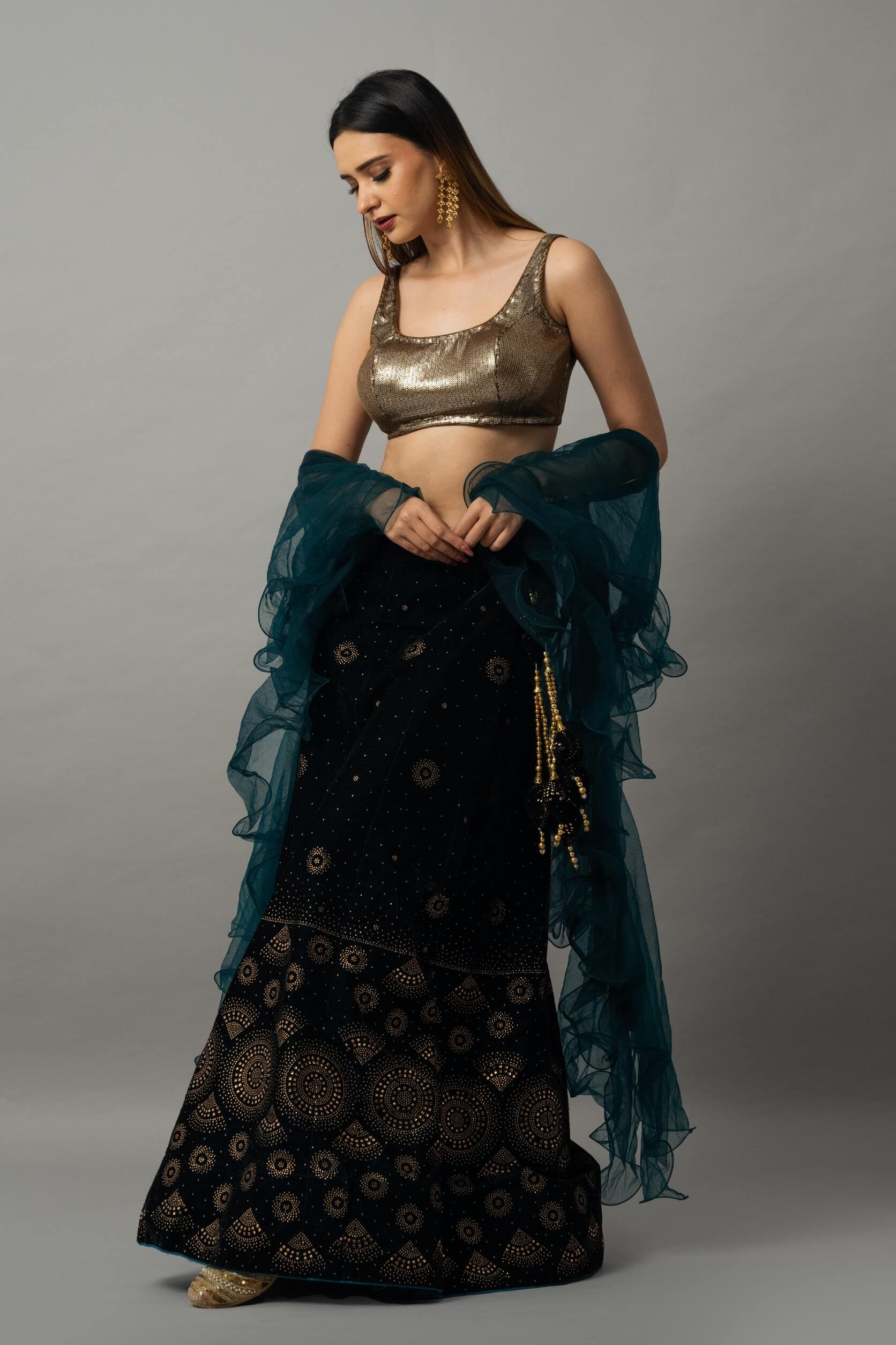 Velvet lehenga with ruffle dupatta for weddings