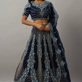 Dark Blue Floral Embroidered Lehenga Set with Zardozi Work - Anvi Couture