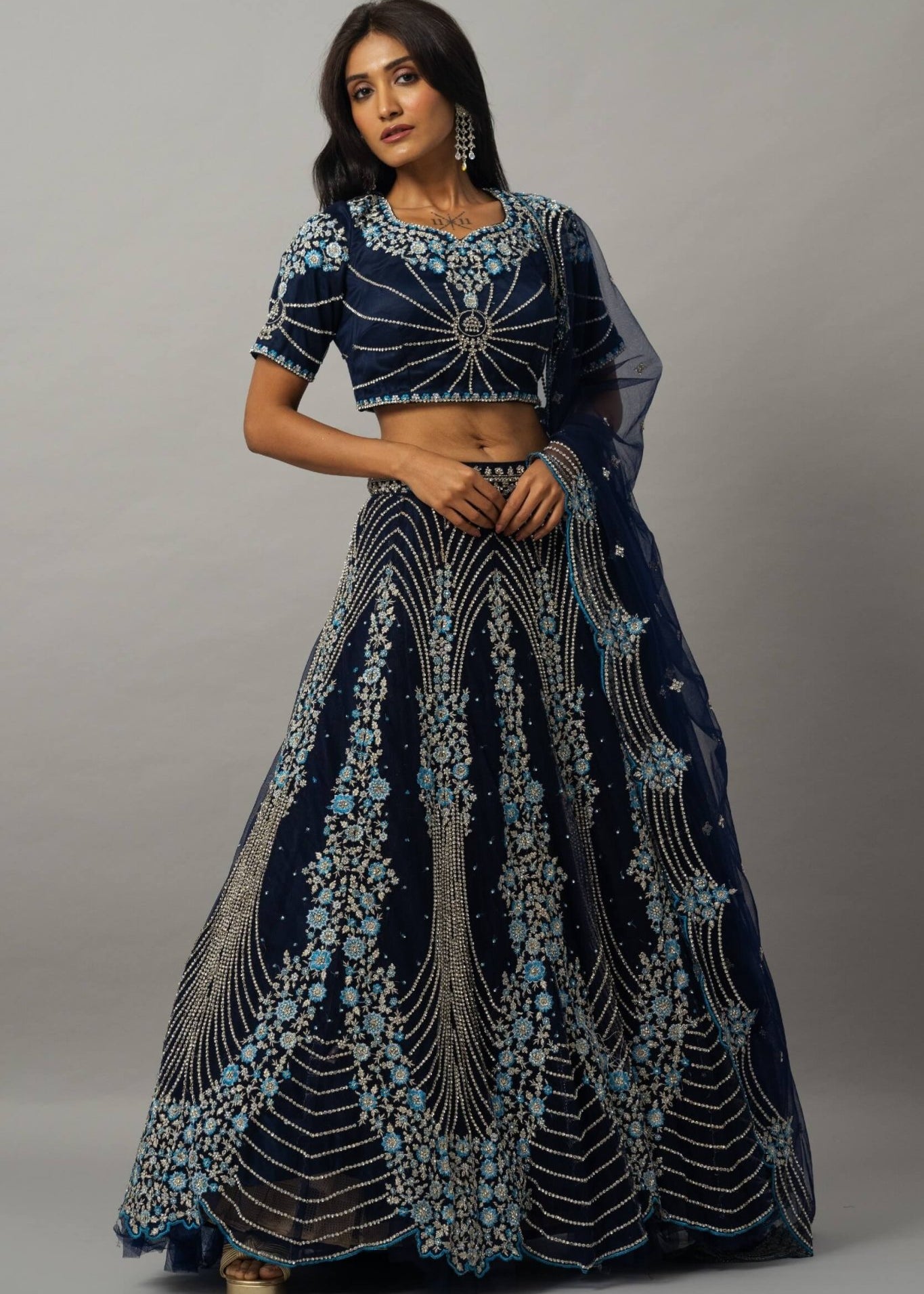 Dark Blue Floral Embroidered Lehenga Set with Zardozi Work - Anvi Couture