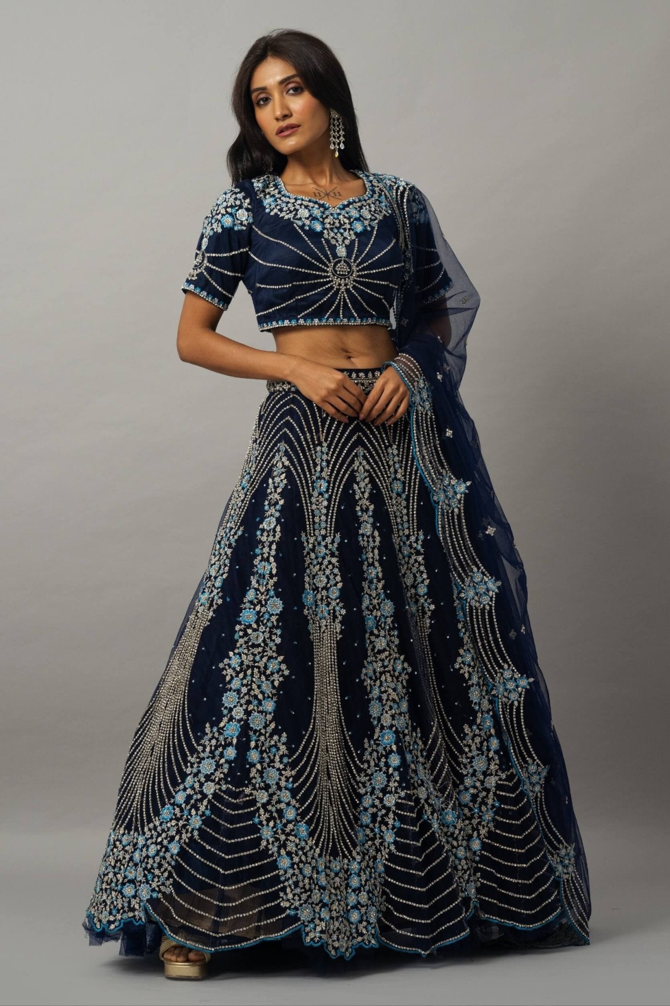 Dark Blue Floral Embroidered Lehenga Set with Zardozi Work - Anvi Couture