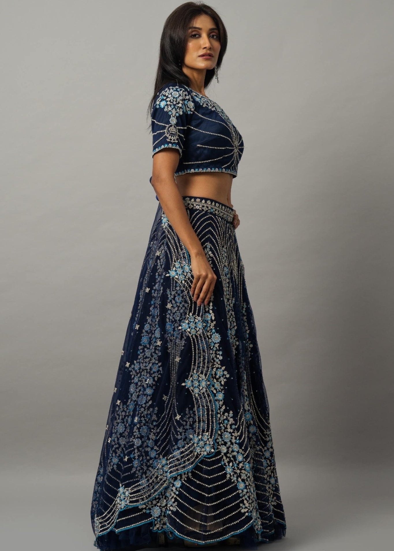 Dark Blue Floral Embroidered Lehenga Set with Zardozi Work - Anvi Couture