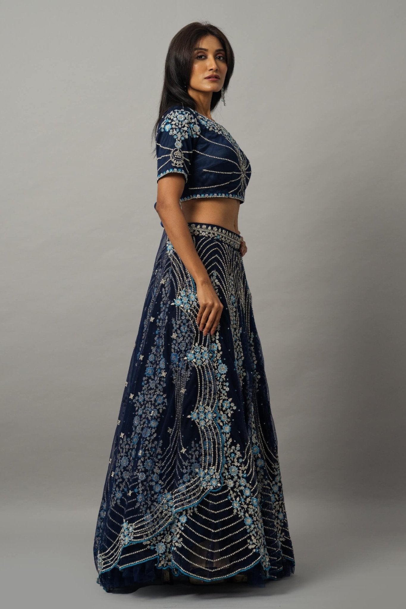 Dark Blue Floral Embroidered Lehenga Set with Zardozi Work - Anvi Couture