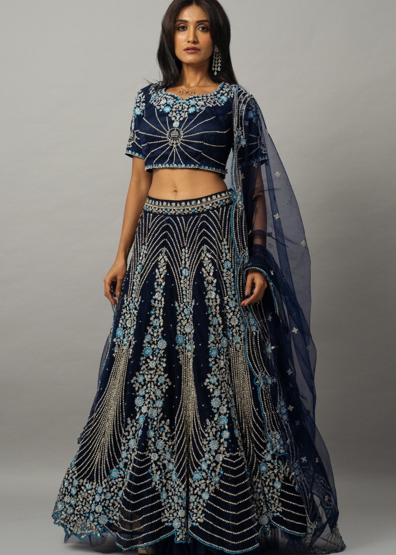 Dark Blue Floral Embroidered Lehenga Set with Zardozi Work - Anvi Couture