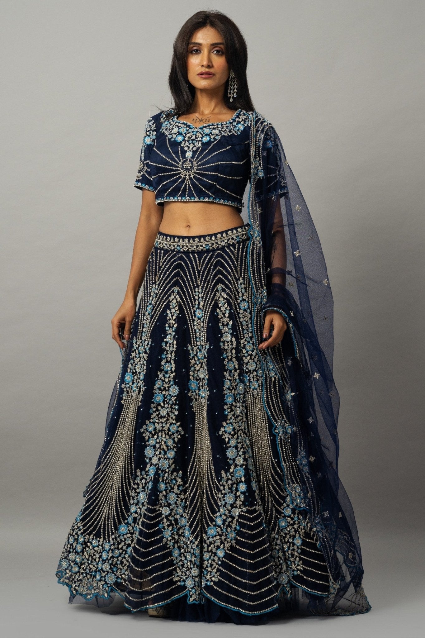Dark Blue Floral Embroidered Lehenga Set with Zardozi Work - Anvi Couture