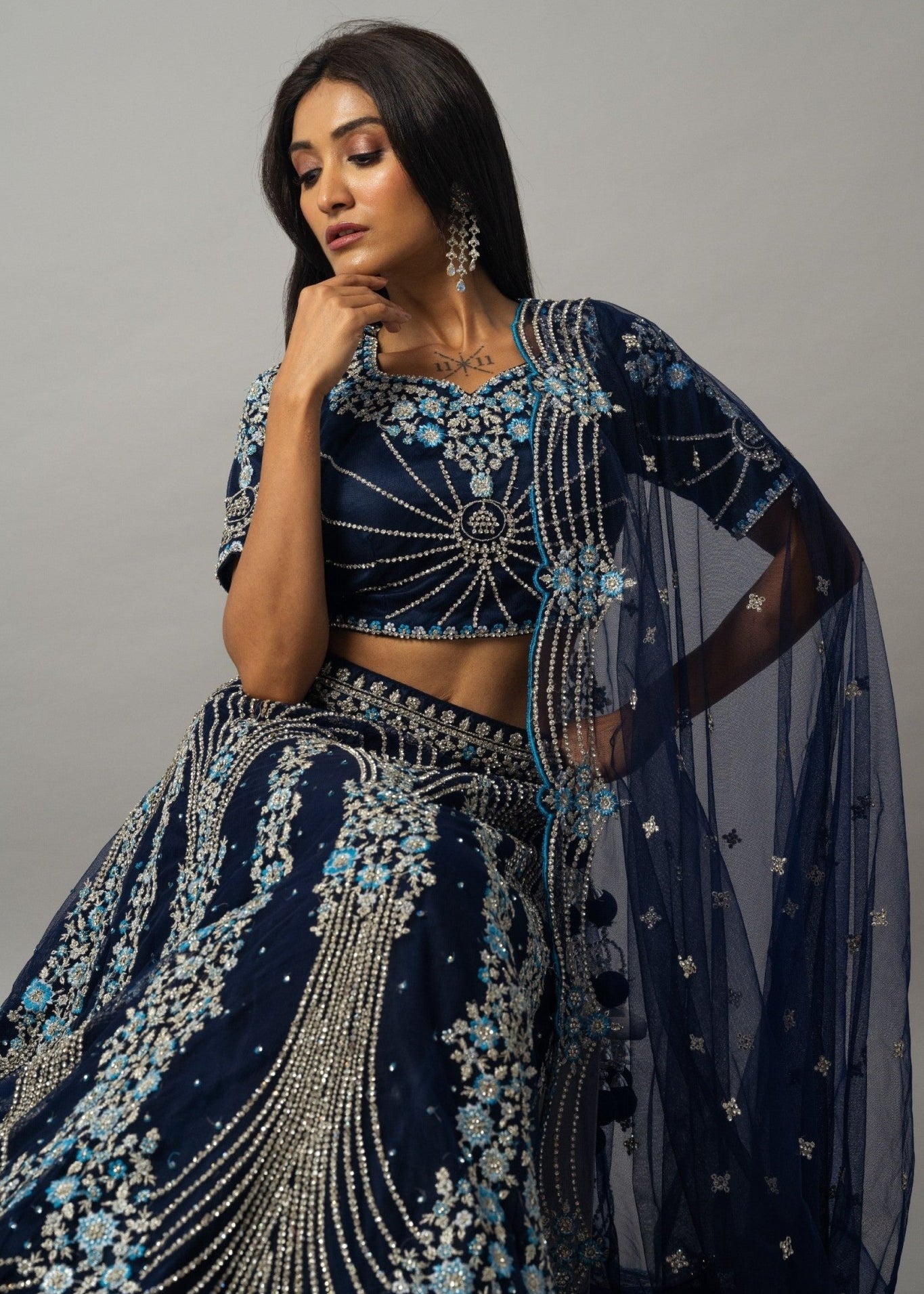 Dark Blue Floral Embroidered Lehenga Set with Zardozi Work - Anvi Couture