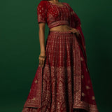 Luxurious Red Velvet Bridal Lehenga Set with Zardozi Embroidery Work - Anvi Couture