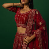 Luxurious Red Velvet Bridal Lehenga Set with Zardozi Embroidery Work - Anvi Couture