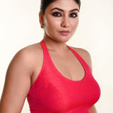 Rani Pink Halter Neck Blouse in Cotton Silk with Plunging Neckline - Anvi Couture
