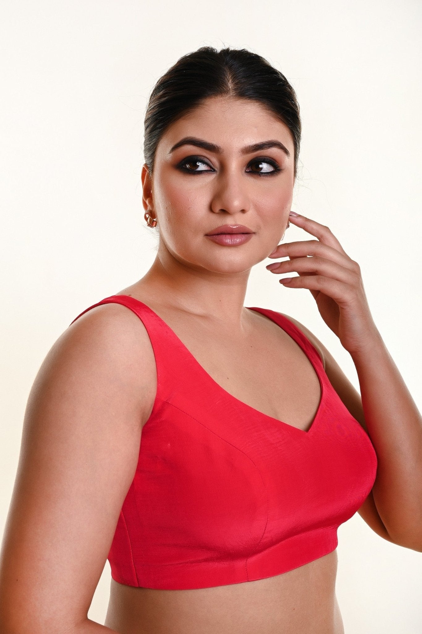 Rani Pink Leaf Neckline Blouse in Crepe with Back Cutout - Anvi Couture Image 3