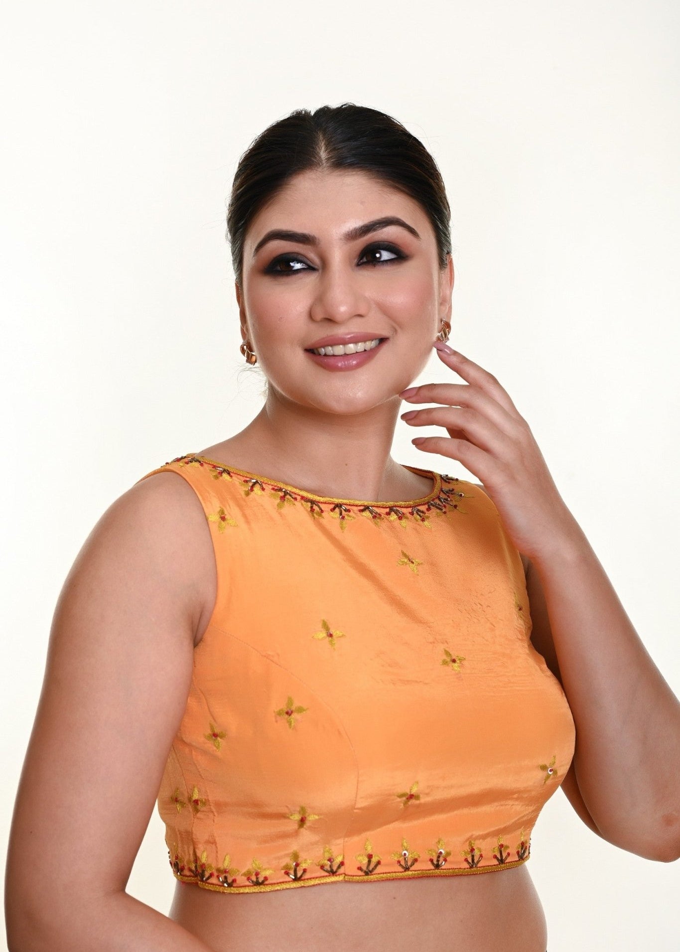 Butter Yellow Sleeveless Blouse in Crepe Silk with Hand Embroidery work - Anvi Couture