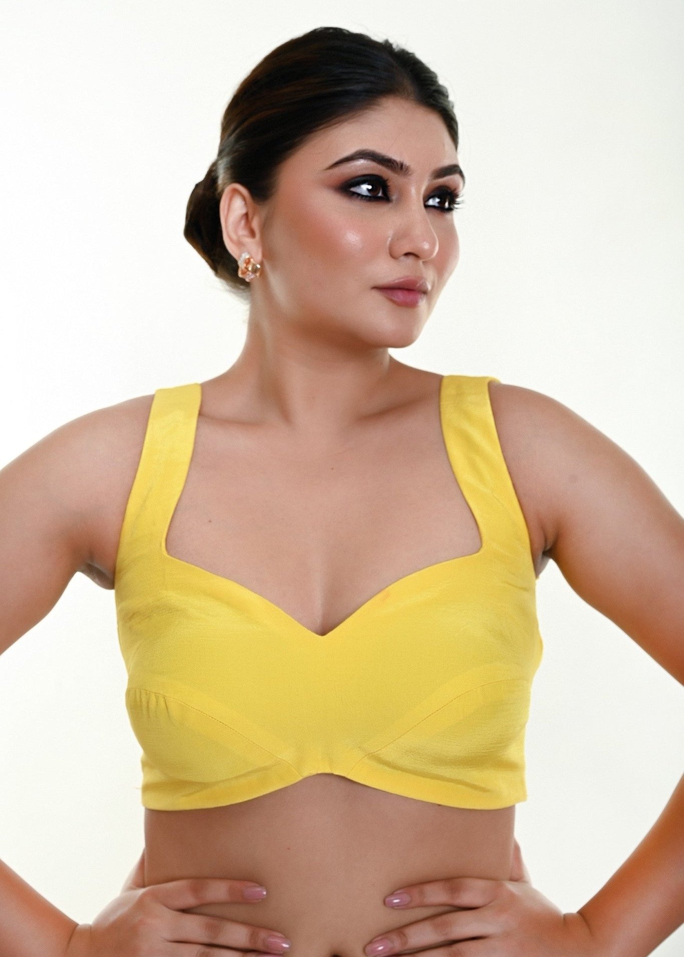 Bright Yellow Sleeveless Blouse in Crepe Silk with Strappy Back Hook Closure - Anvi Couture - Image 3
