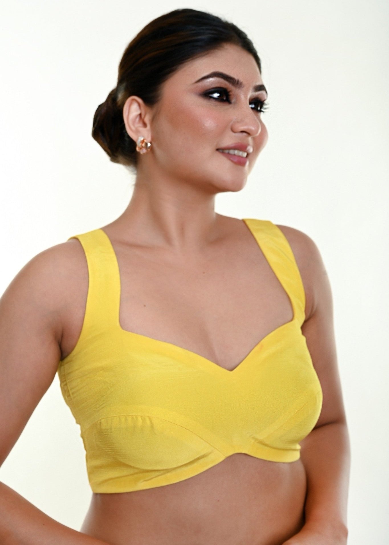 Bright Yellow Sleeveless Blouse in Crepe Silk with Strappy Back Hook Closure - Anvi Couture - Image 1