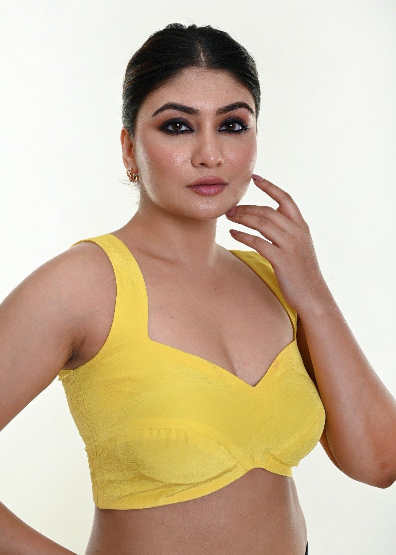 Buy Bright Yellow Sleeveless Blouse in Crepe Silk with Strappy Back Hook Closure - Anvi Couture - Image 2