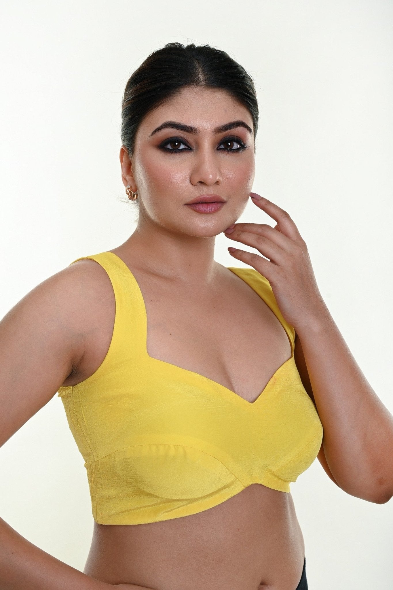 Buy Bright Yellow Sleeveless Blouse in Crepe Silk with Strappy Back Hook Closure - Anvi Couture - Image 2