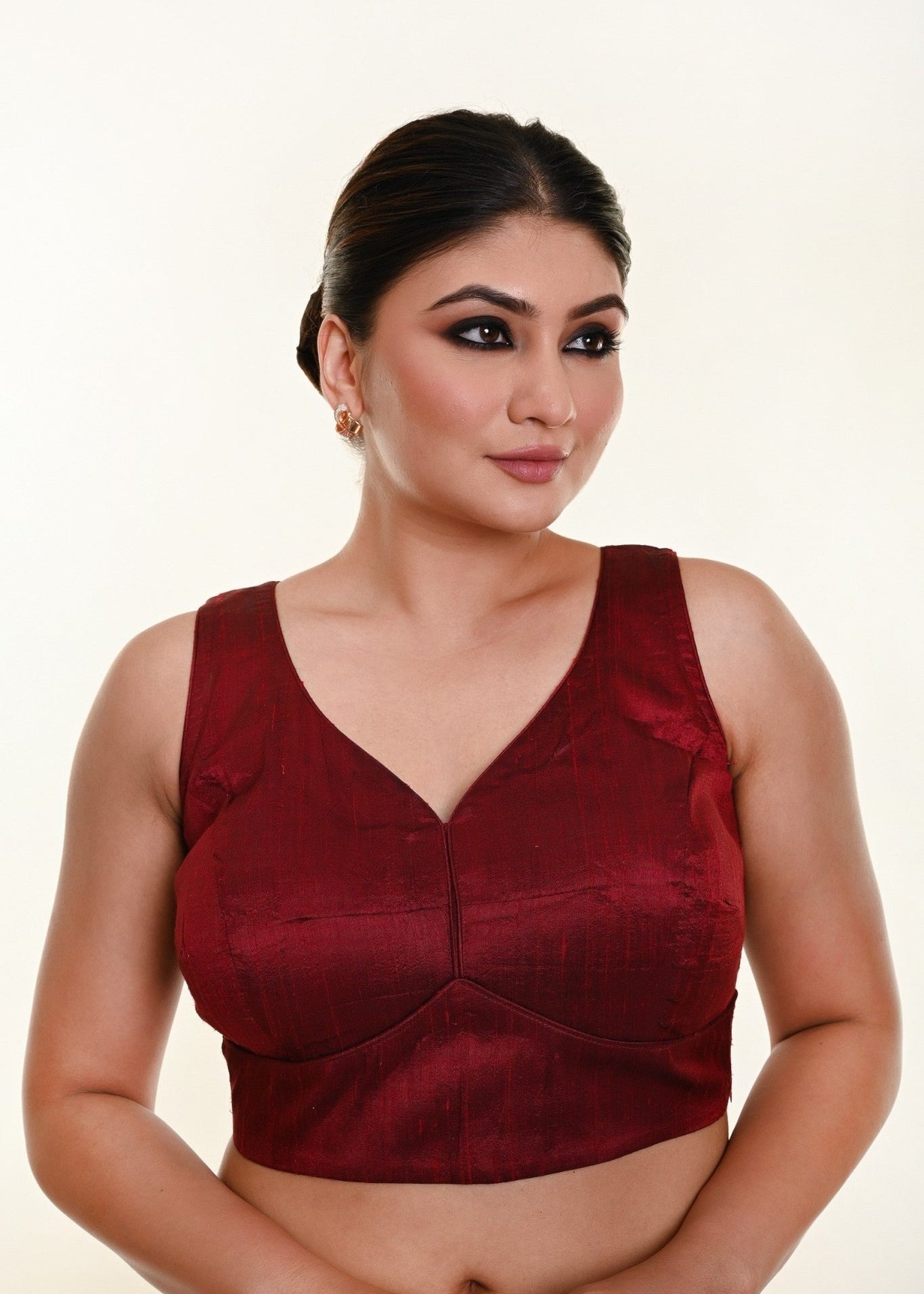Maroon blouse in Raw Silk Leaf Shaped Neckline and Back Cut out - Anvi Couture