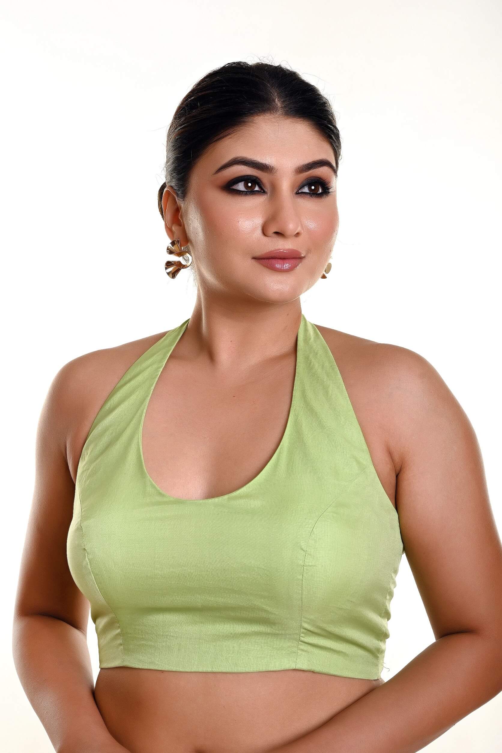 Mint Green Blouse in Organza with Halter Neckline - Anvi Couture