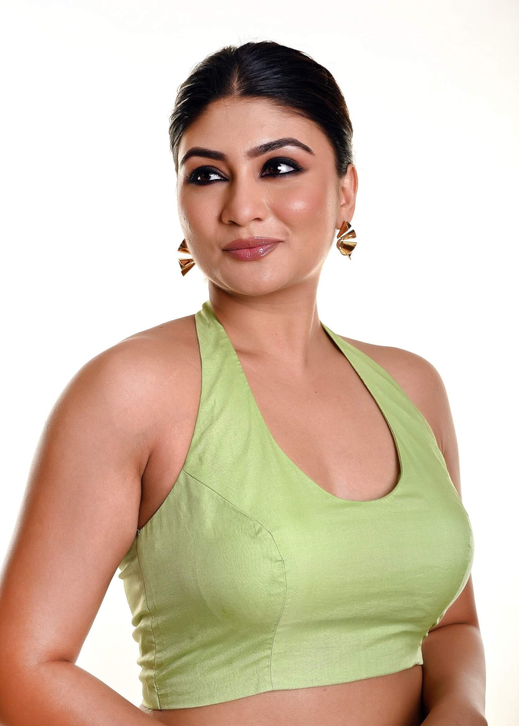 Mint Green Blouse in Organza with Halter Neckline - Anvi Couture