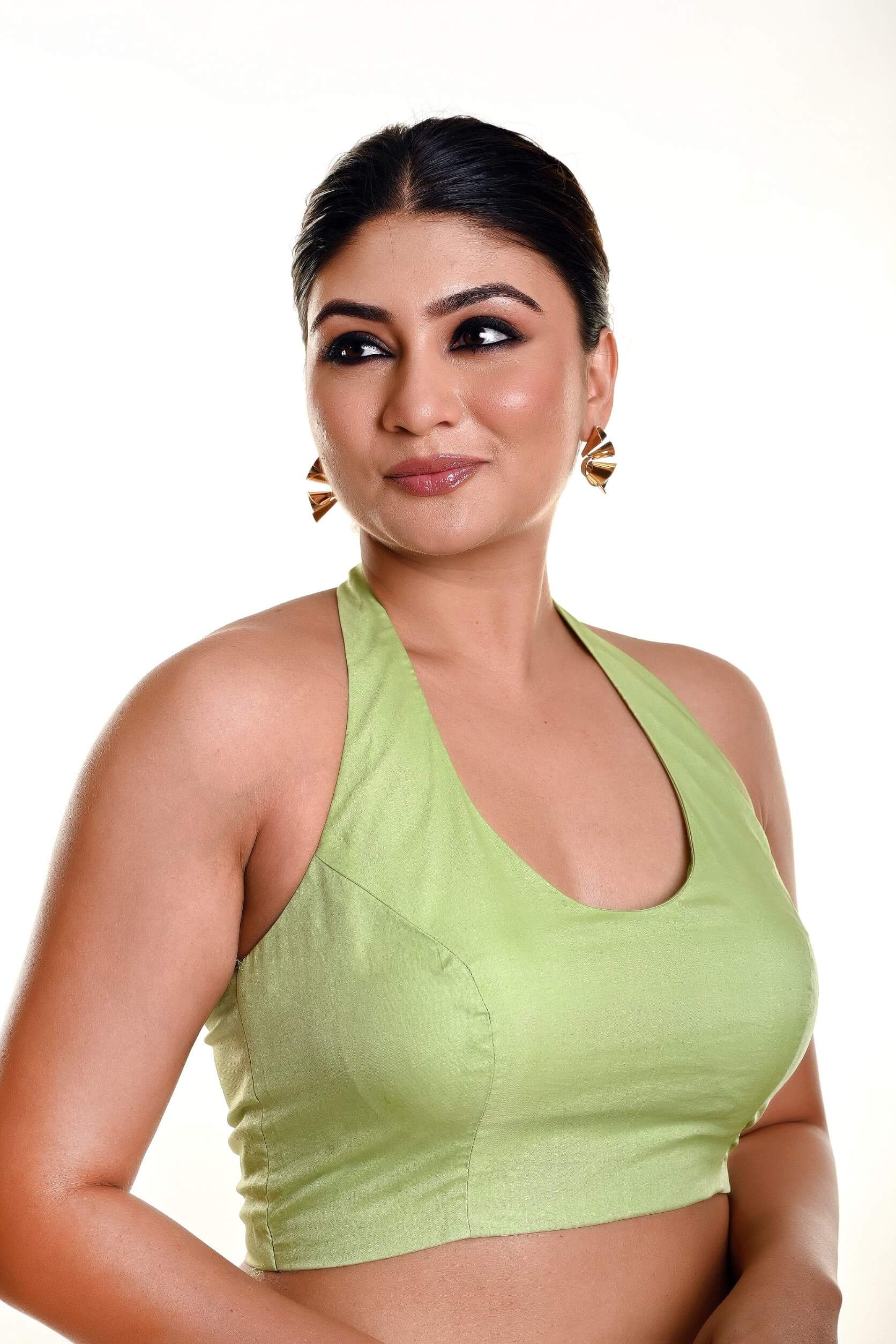Mint Green Blouse in Organza with Halter Neckline - Anvi Couture