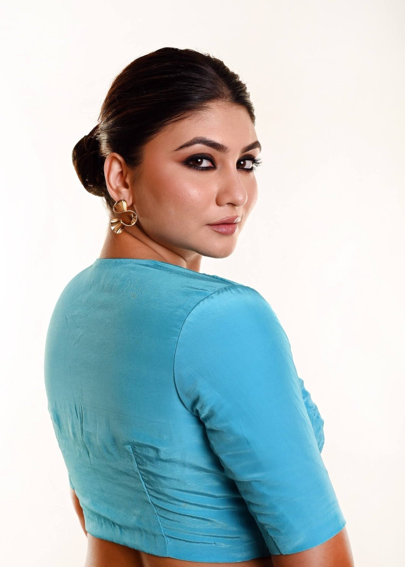 Bright Sky - Blue Satin Silk Blouse with Plunging V - Neckline and Half Sleeves - Anvi Couture