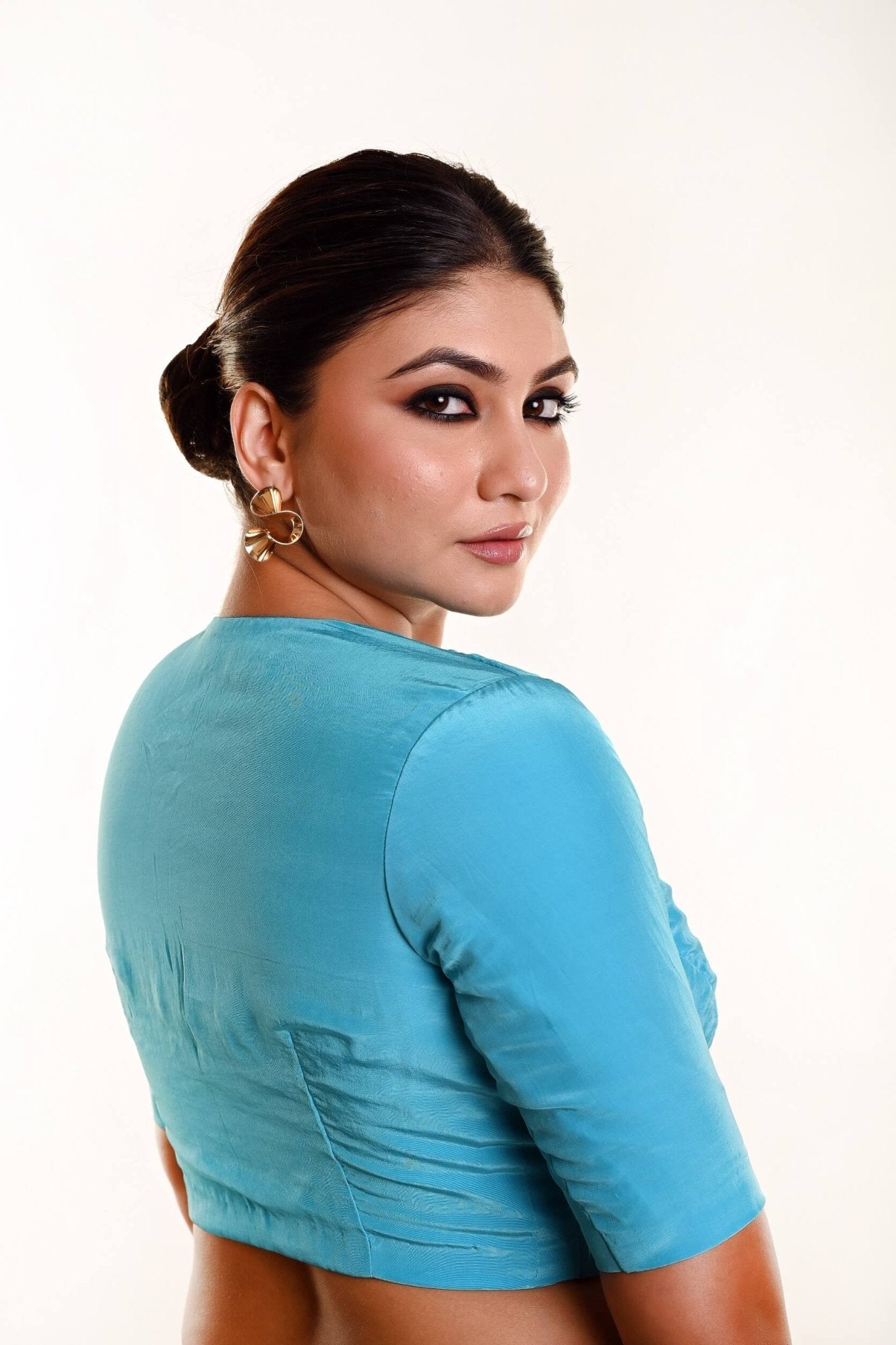 Bright Sky - Blue Satin Silk Blouse with Plunging V - Neckline and Half Sleeves - Anvi Couture