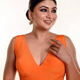 Bright Orange Sleeveless Blouse in Crepe Silk and V - Neckline - Anvi Couture