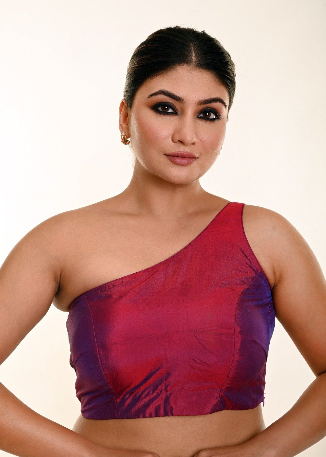 Wine Purple Dual Tone One Shoulder Blouse in Pure Silk with Pleated Back Design - Anvi Couture