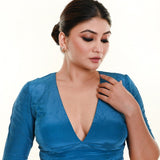 Cobalt Blue Half Sleeve Blouse in Satin Silk with Plunging V - neck - Anvi Couture