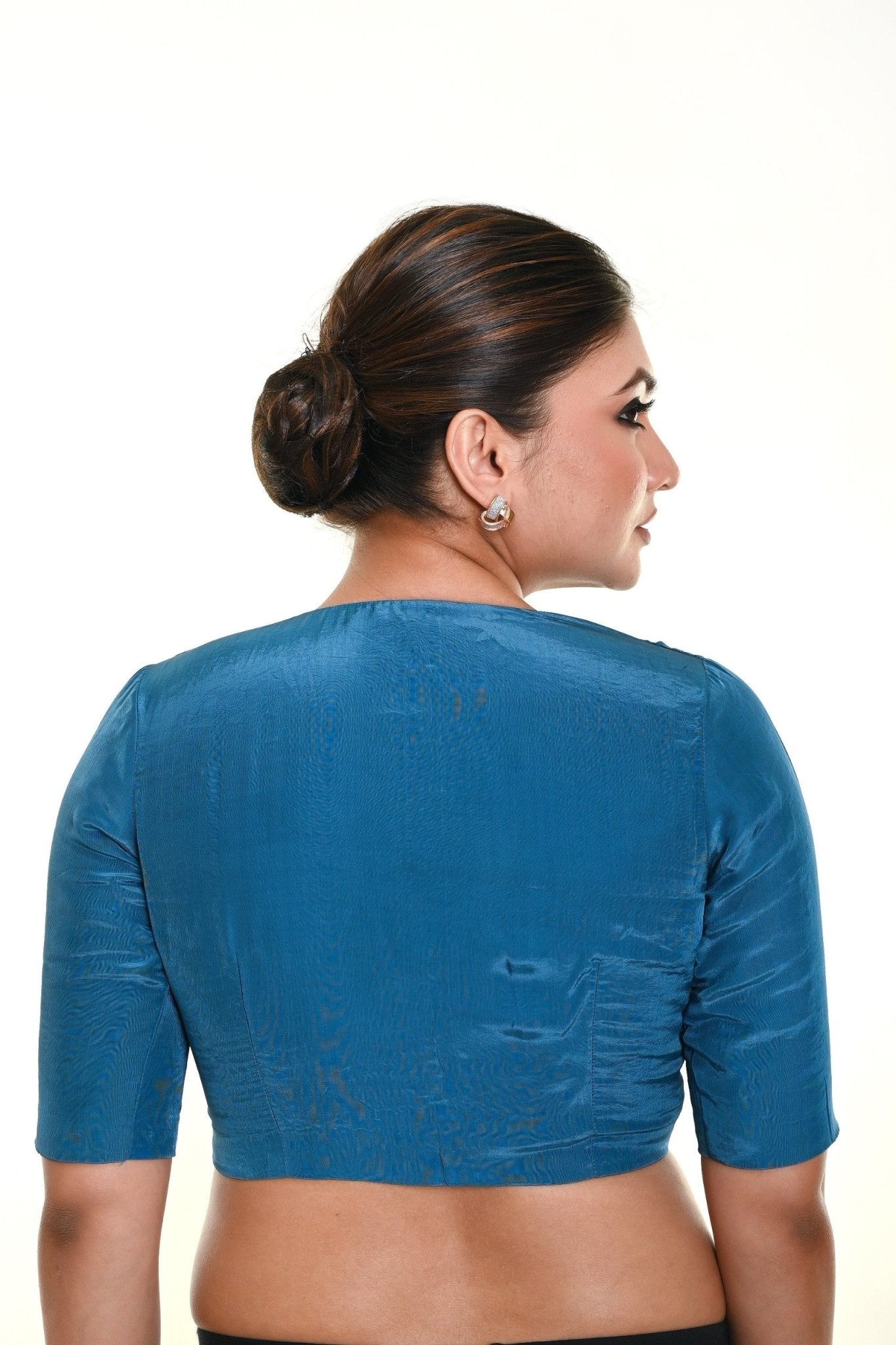 Cobalt Blue Half Sleeve Blouse in Satin Silk with Plunging V - neck - Anvi Couture