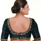 Bottle Green Velvet Bridal Blouse with Hand Embroidered Zardozi Motifs and Back Closure - Anvi Couture - Image 3