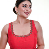 Bright Red Sleeveless Blouse in Silk with Cutdana Embroidered with Tassel - Anvi Couture