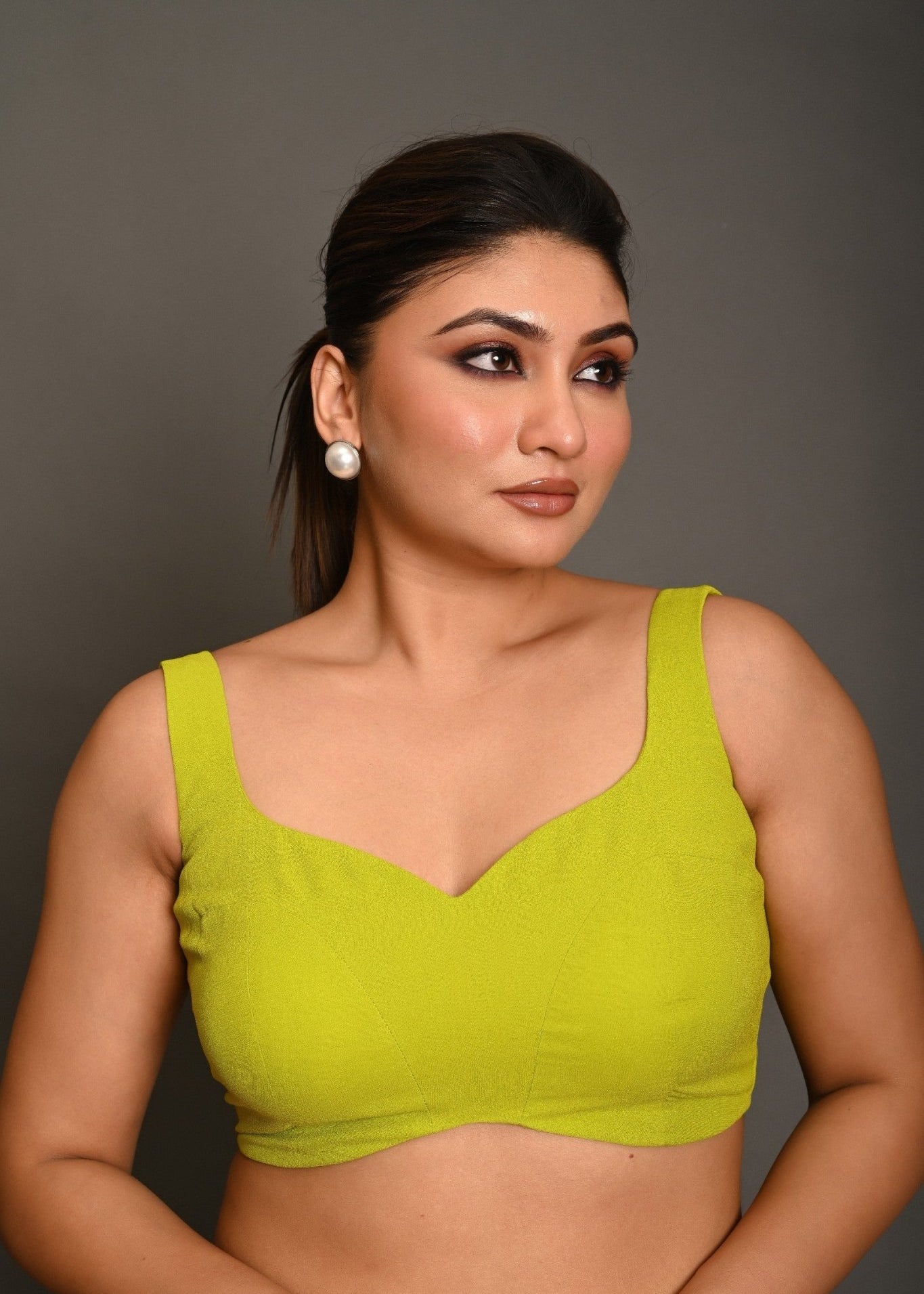 Bright Green Sleeveless Blouse in Georgette with Sweetheart Neckline - Anvi Couture