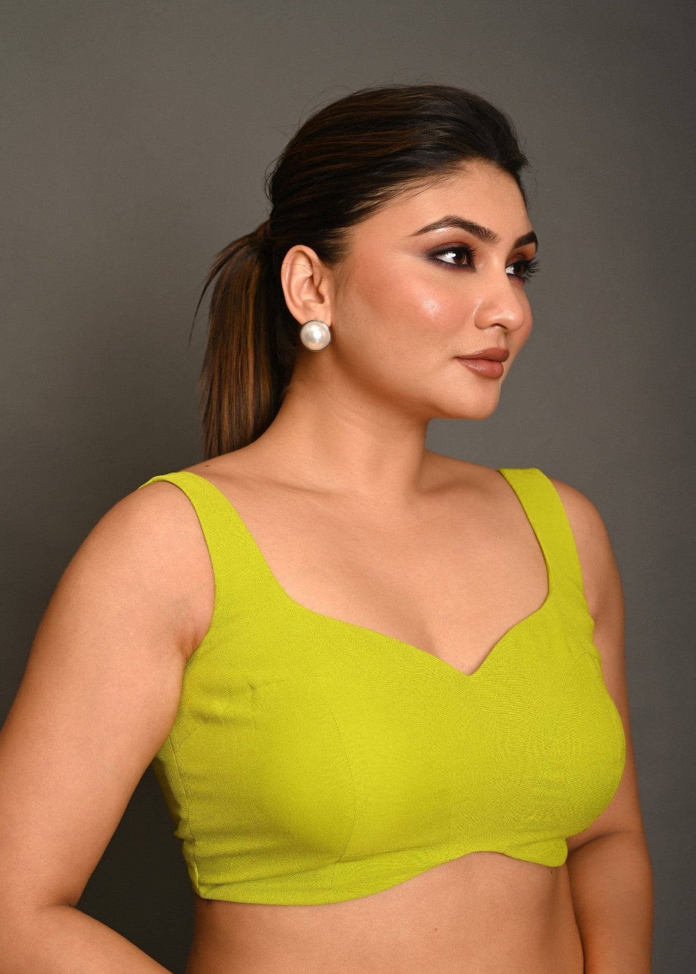 Bright Green Sleeveless Blouse in Georgette with Sweetheart Neckline - Anvi Couture
