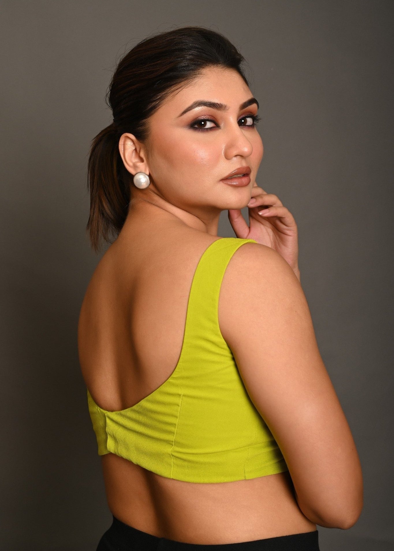 Bright Green Sleeveless Blouse in Georgette with Sweetheart Neckline - Anvi Couture