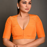 Bright Orange Blouse with Plunging Curved V - Neckline and Half Sleeves - Anvi Couture